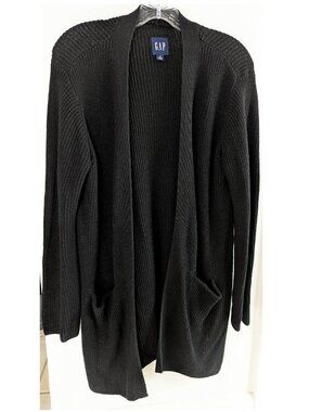 GAP Long Black Shaker-Stitch Open Cardigan Pockets M